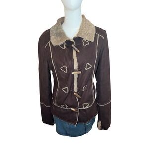 Vintage Y2K BKE Brown Faux Suede Shearling Toggle Coat Fitted Jacket Size M